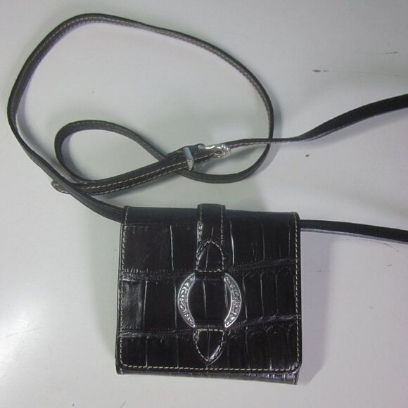 Brighton Small Wallet on Crossbody Strap Black Croc Embossed Leather 4 X 4" - Picture 1 of 11